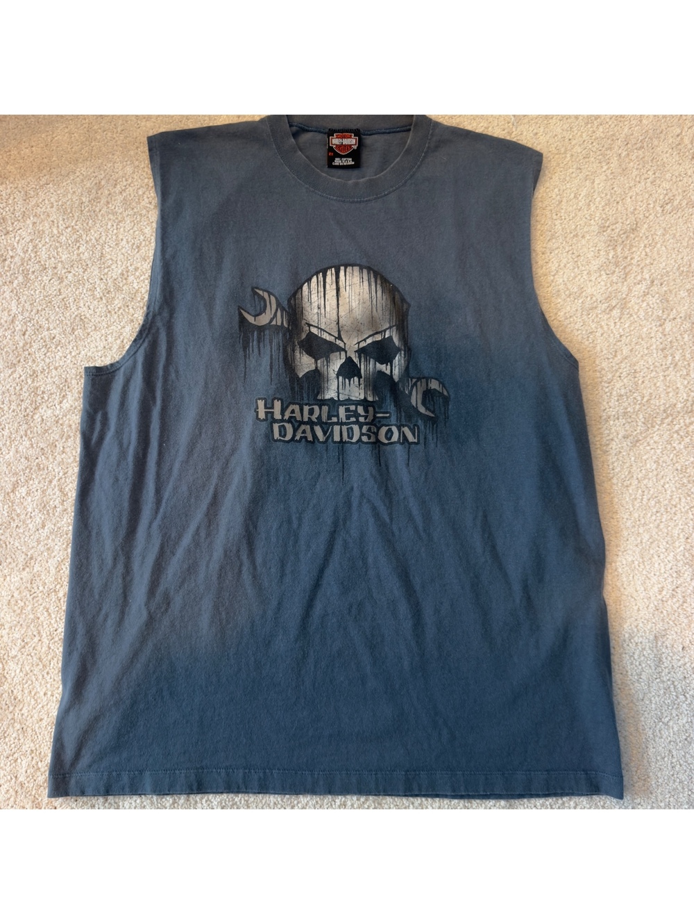 Harley-Davidson Blue Skull Muscle Tee Durham NC Graphics Vintage Y2K Size 2X